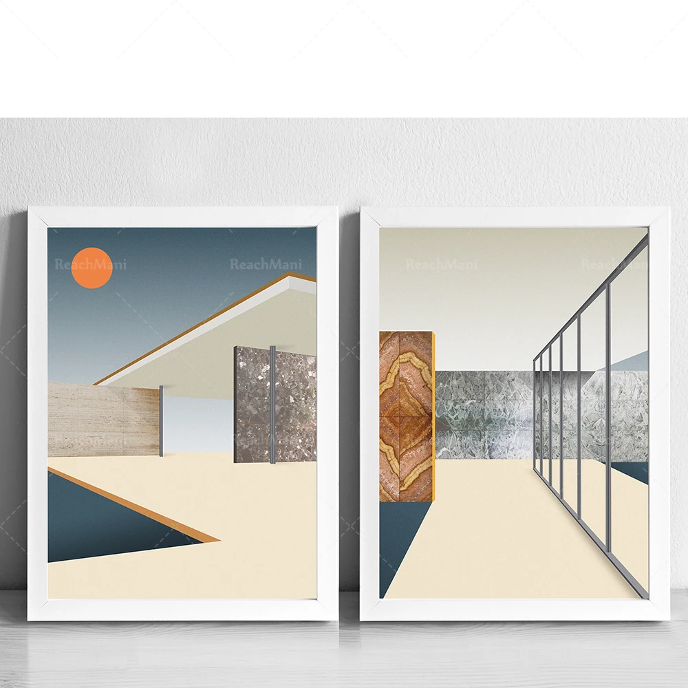 

Barcelona Pavilion Art Print Gallery Set | Modern Architecture | Graphic Illustration Abstract Poster | Ludwig Mies Van der Rohe