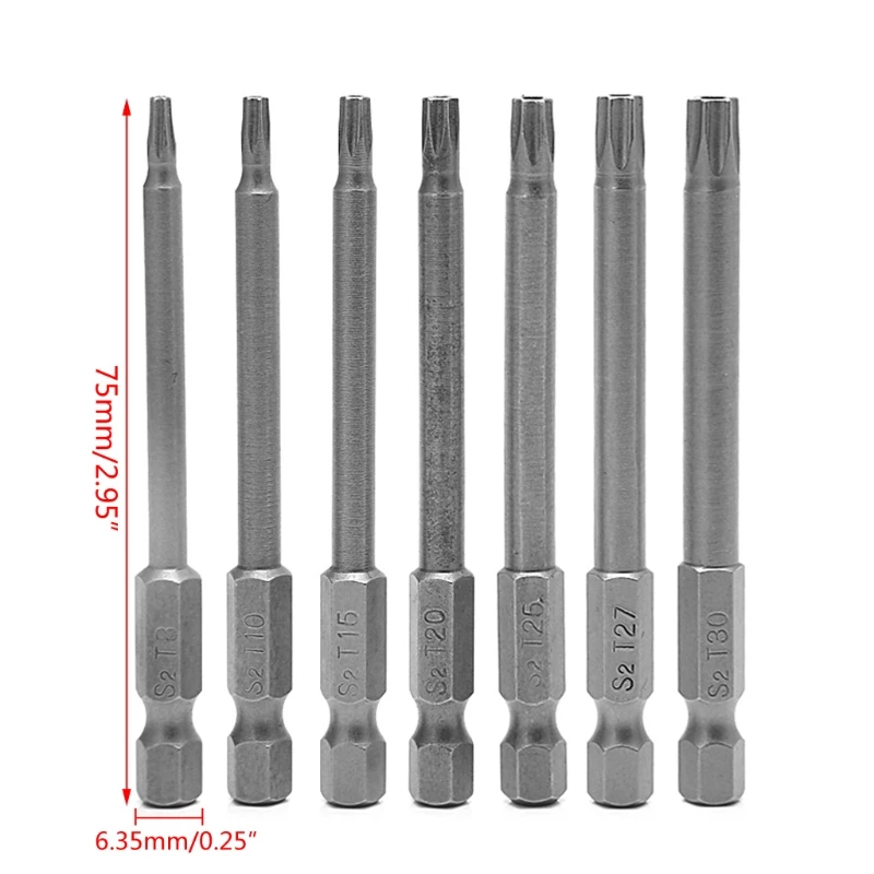 7 шт./компл. 75 мм T8/T10/T15/T20/T25/T27/T30 Магнитная отвертка Torx 1/4 дюйма с шестигранным