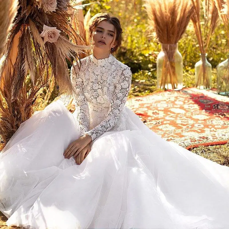 

2021 Elegant Women Custom Size Vestido De Festa Sweet Ivory Lace Long Sleeve Tulle Evening Dress Bride Party Prom Dresses