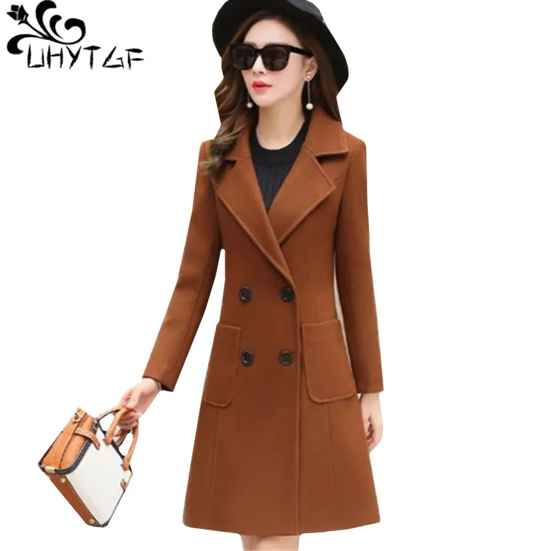 

UHYTGF Autumn wool coat women Double-breasted slim winter jacket Female 3XL Plus size woolen windbreaker coats abrigos mujer 779