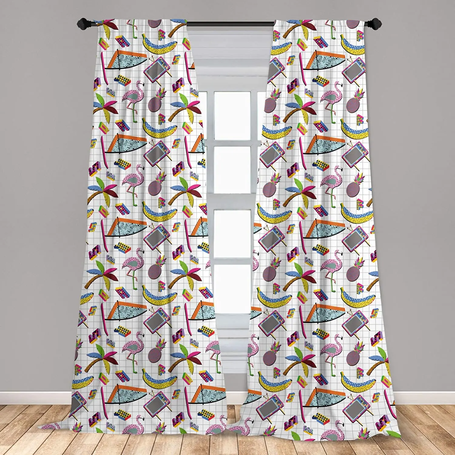 

Flamingo Window Curtains Retro Vintage 80s Memphis Style Summer Elements Geometrical Natural and Colorful Window Drapes