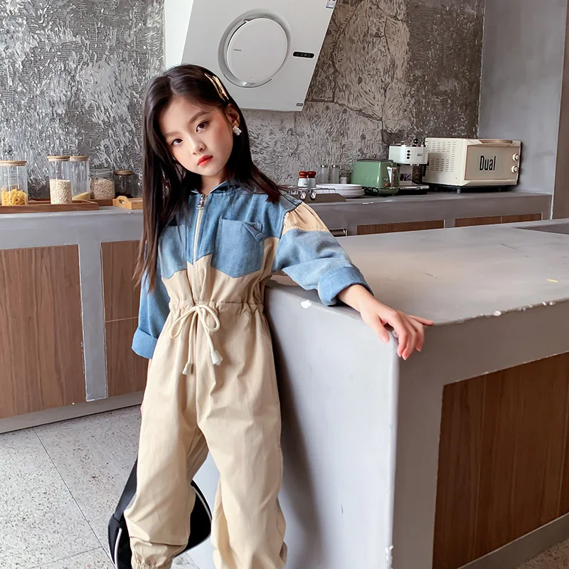 Джинсовые комбинезоны с капюшоном для девочек джинсовые брюки средней и большой