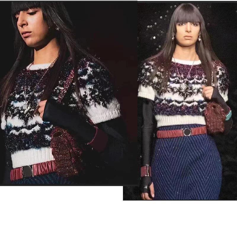 

2021 Luxury Design Women's new knitted top fashion embroidery raw edge retro jacquard short thin short sleeve sweater top