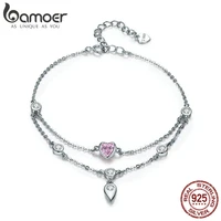 bamoer romantic new 925 sterling silver sweet heart pink cz double layers bracelets for women sterling silver jewelry scb090
