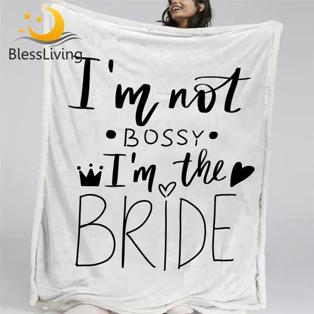BlessLiving Wedding Sherpa Fleece Blanket Bride Bed Blanket Hand Drawn Letter Bedding Bachelorette Party Quote Plush Bedspreads 1