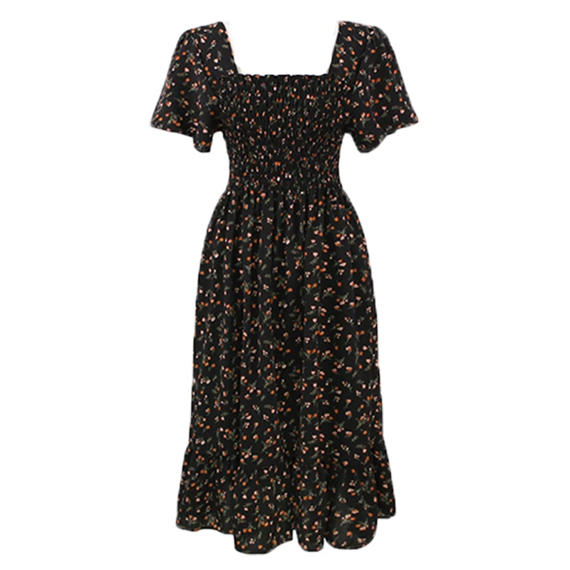 

Summer Casual Plus Size Women Small Fresh Square Neck Chiffon Floral Dress Female High Waist Dress A-line Skirt Ladies M186