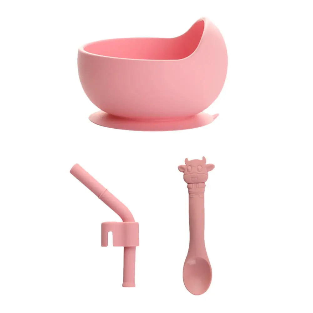

1 Set of Kid Silicone Tableware Baby Feeding Bowl with Spoon Straw Sucker )