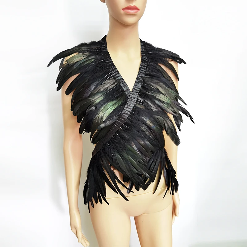 Black Iridescent Rooster Feather Shawl Scarf Shoulder Wraps Shrug Punk Gothic Party Halloween Carnival Rave Show Decor |