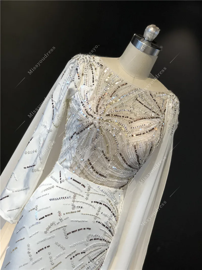 2021 Newest High Quality Customized Ivory Heavy Beadings Long sleeveless O-neck Mermaid Split Floor Length Prom Evening Dresses