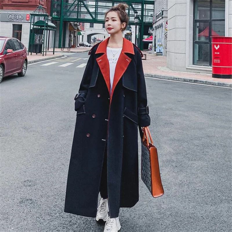 2021 spring women's trench coats new fashion contrasting color windbreaker loose large long lapel jacket пальто осеннее