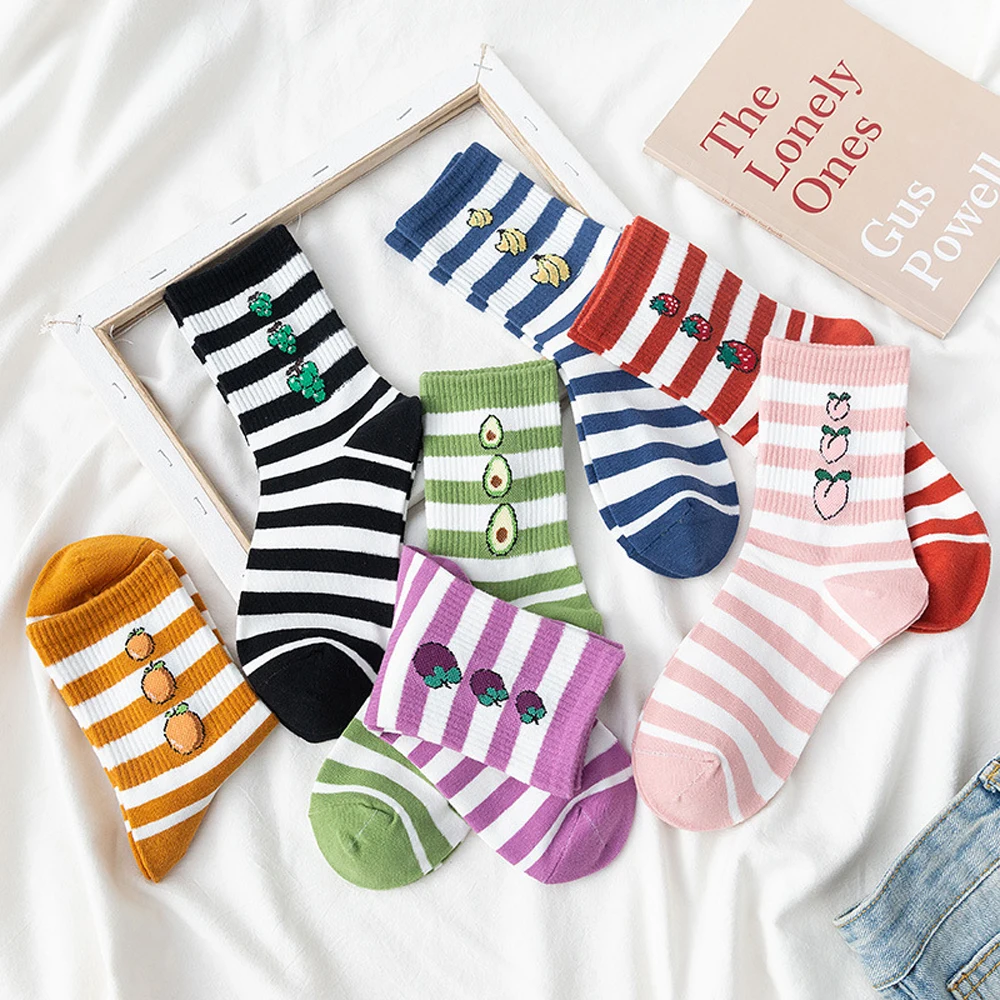 Хлопковые жаккардовые носки с фруктами женские милые полосатые авокадо и едой в