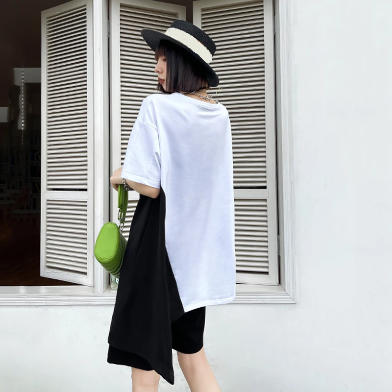 

[EAM] Women Black Casual Irregular Spliced Chiffon T-shirt New Round Neck Short Sleeve Fashion Tide Spring Summer 2021 1DE1806