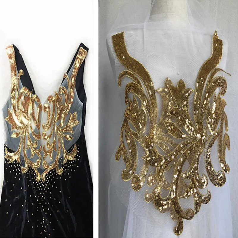 

2Pcs/Set Gold Sequin Lace Fabric Appliques Sew On Patches Mesh Wedding Decoration Embroidery For Bride Evening Dress DIY P039