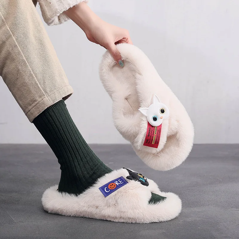 Pattern Cross  Winter Cotton Slippers Female Macaron Rabbit Personality Home Cotton Slippers Warm and Comfortable Home