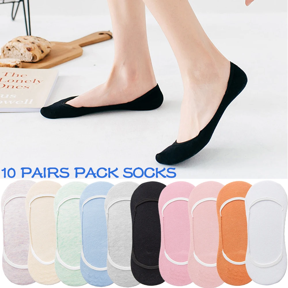 10 Pairs Lot Women Invisible Short Ankle Socks Set Fashion Ladies Cotton Non-slip No Show Sock Slippers Woman Pack Solid Colors