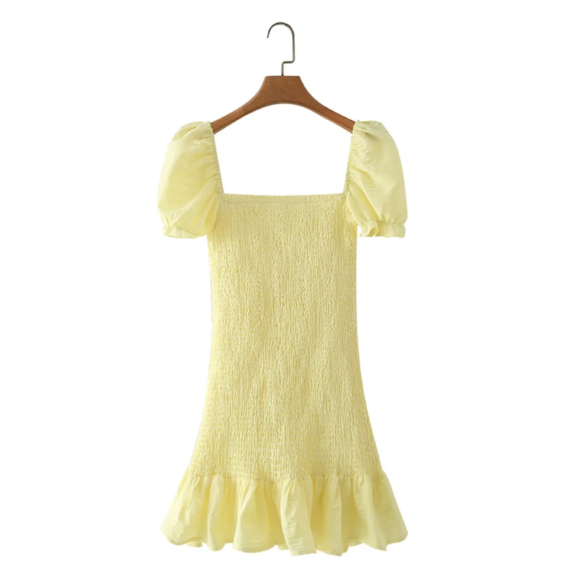 

2021 summer new women's square neck short sleeve pleated texture elastic tight buttock short Ruffle Dress