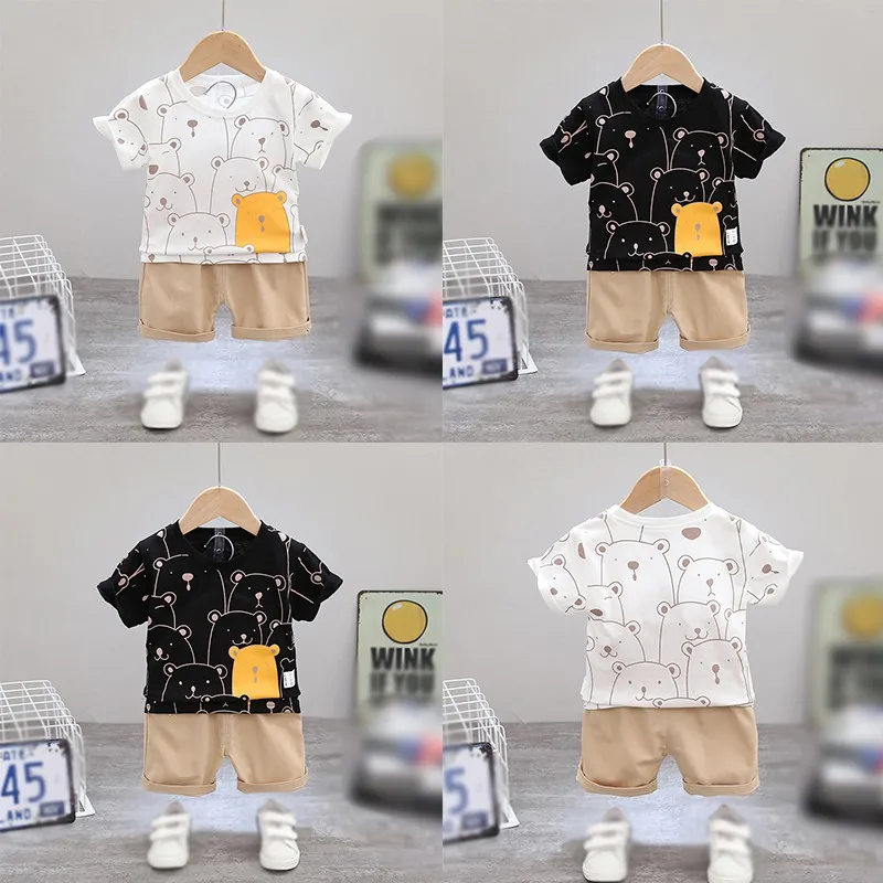 

Fashion Casual Boy Clothes summer 2PCS Cartoon Bear Short Sleeve T-shirt+Shorts Suit