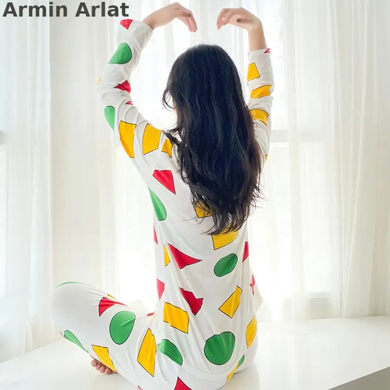 

Armin Arlat Cute Pajamas Women Cotton Print Cartoon Pijamas Crayon Shin-chan Sleepwear Set Lingerie Casual Pyjamas Night Suit