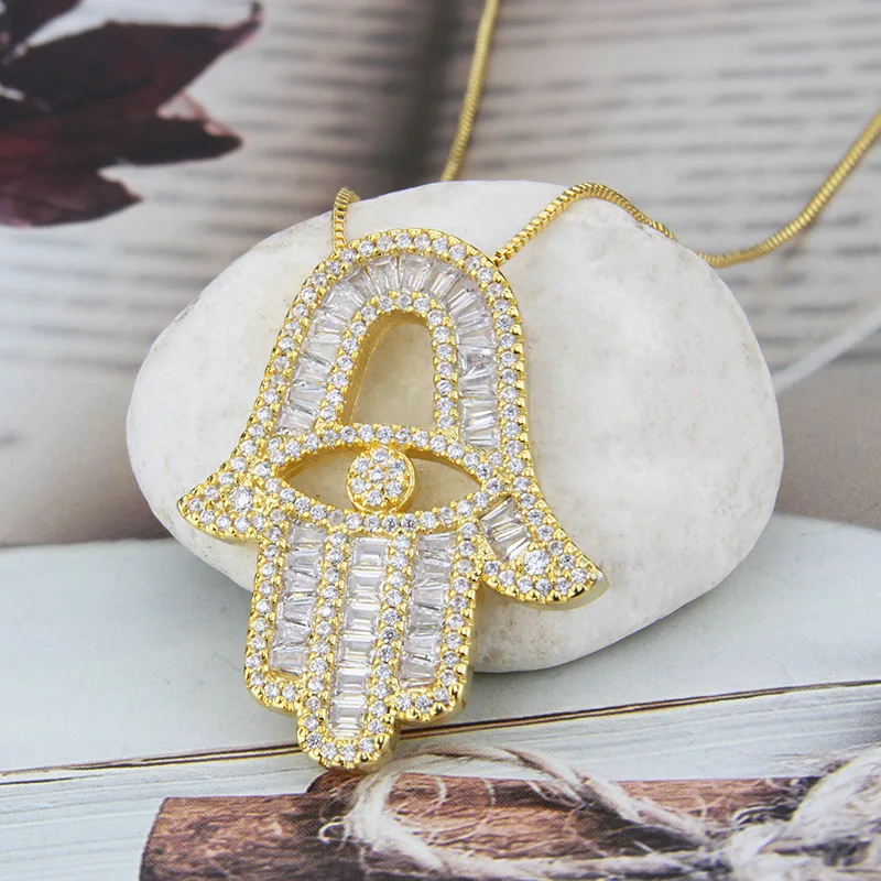 

Hand of Fatima Pendant Necklace Hamsa Hand Zircon Inlay Copper Plating Snake Chain Necklace Women Fashion