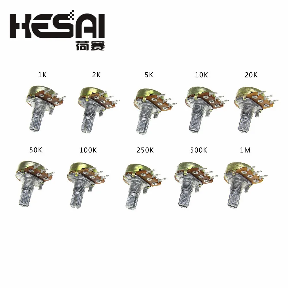 5 шт./лот линейный потенциометр WH148 B1K B2K B5K B10K B20K B50K B100K B250K B500K B1M 15 мм вал с гайками 3pin