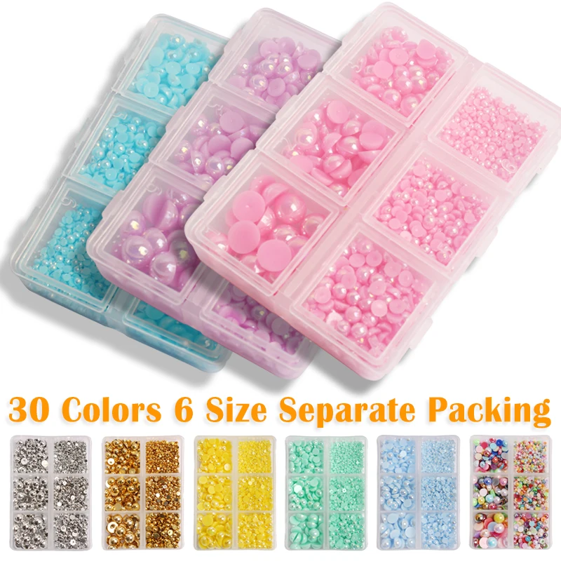 Упаковка в 6 коробок с полукруглыми жемчужинами разных цветов для декоративных