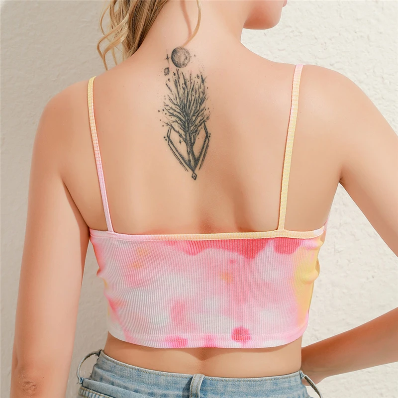 

Women New Fashion Tie Dye Print Tank Vest Spring Summer Sleeveless Sexy Crop Tops Ribbed Knitted Leisure Basic Bodycon Bra Camis