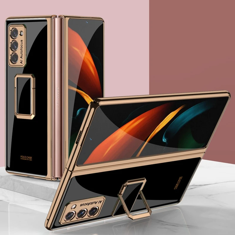 

For Samsung Galaxy Z Fold 3 2 5G Case Plating Finger Ring Bracket Hard Glass Protective Cover for Galaxy Z Fold2 fold3 5G