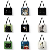 black cat print animal art painting shopping hand bag women shoulder bag eco large graphic tote shopper bag for boutique