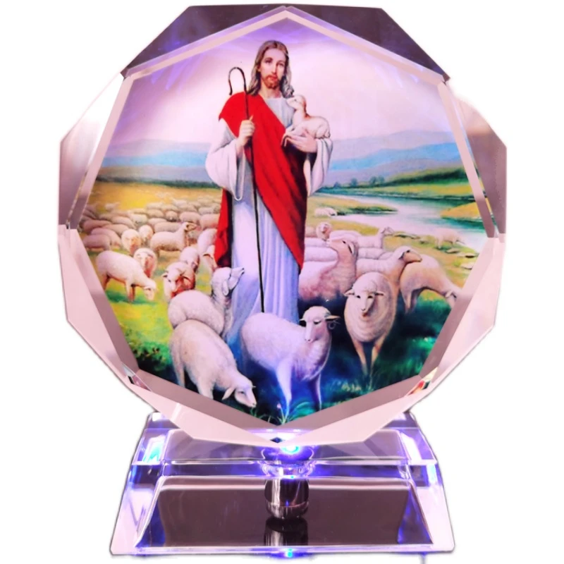 

Jesus and Shepherd Icon Decoration Luminous Colorful Crystal Icon Sculpture Gifts Christian Gift Box olics Christian Decorations