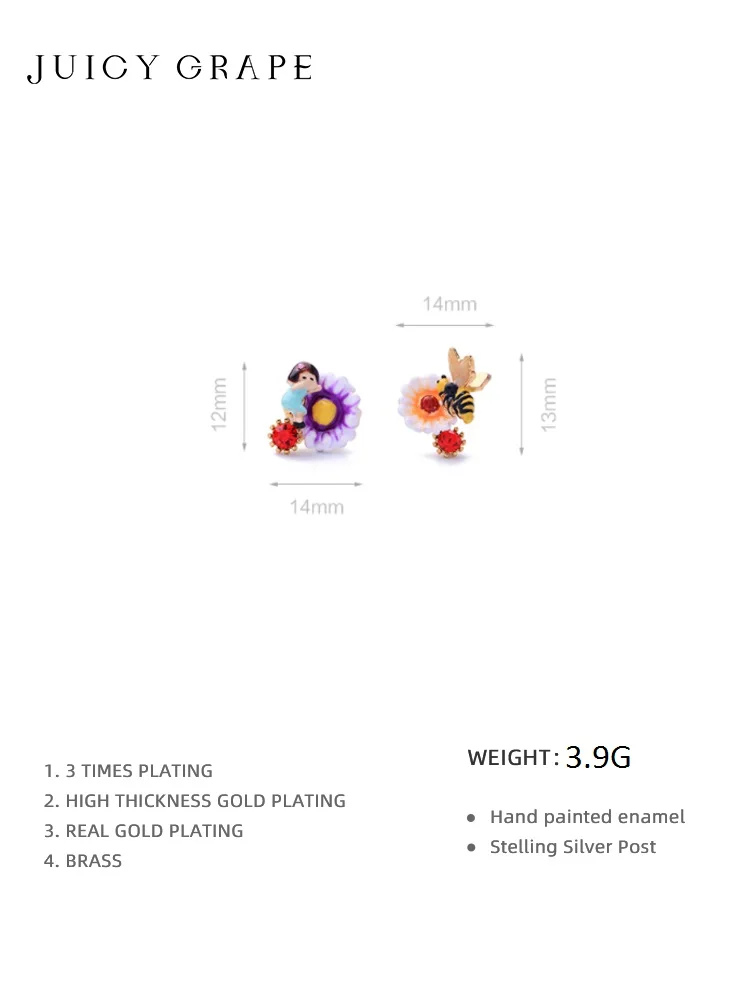 Серьги-гвоздики женские эмалированные в виде пчелки маргаритки с ручной