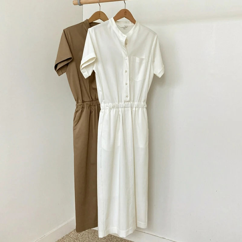 

Sister Fara Short Sleeve Pocket Elastic Waist Female Dress 2021 Summer Casual Loose Chic Stand Collar Women Solid Short Dress