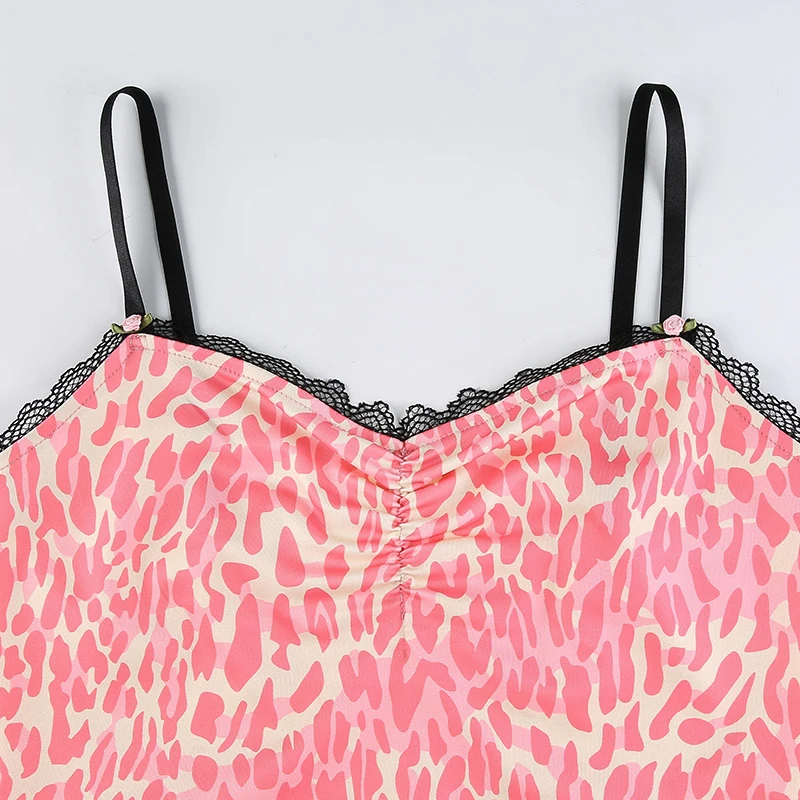 

Rockmore Y2K Pink Cute Leopard Backless Mini Dress Ruffles Pleated Dress Spaghetti Strap Short Dress Women Party Sundress Summer