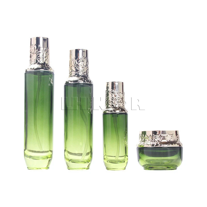 

5pcs/lot Green Glass Carving Decorative Pattern Cover Spray Lotion Bottles Cream Jar Royal Style Cosmetic Packaging Containers
