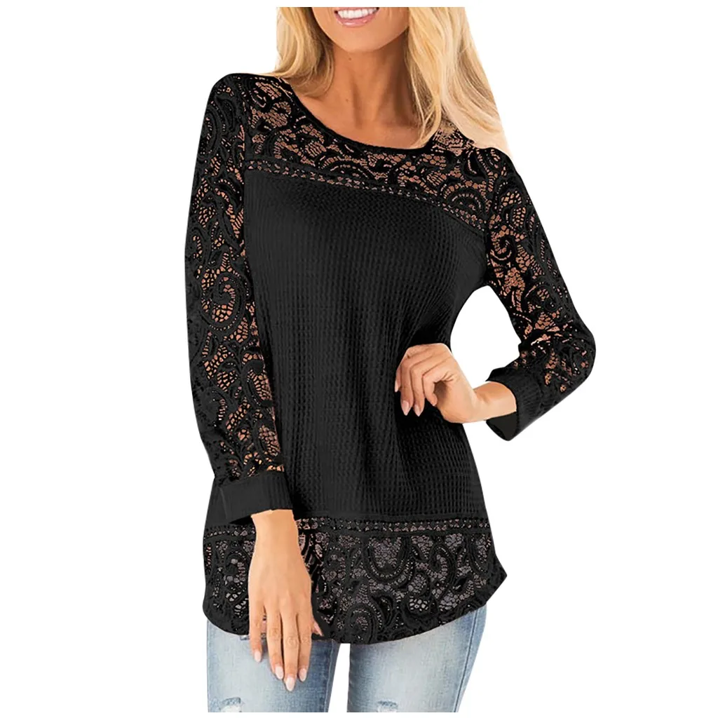Модная кружевная трикотажная блузка в стиле пэчворк повседневная весенне летняя