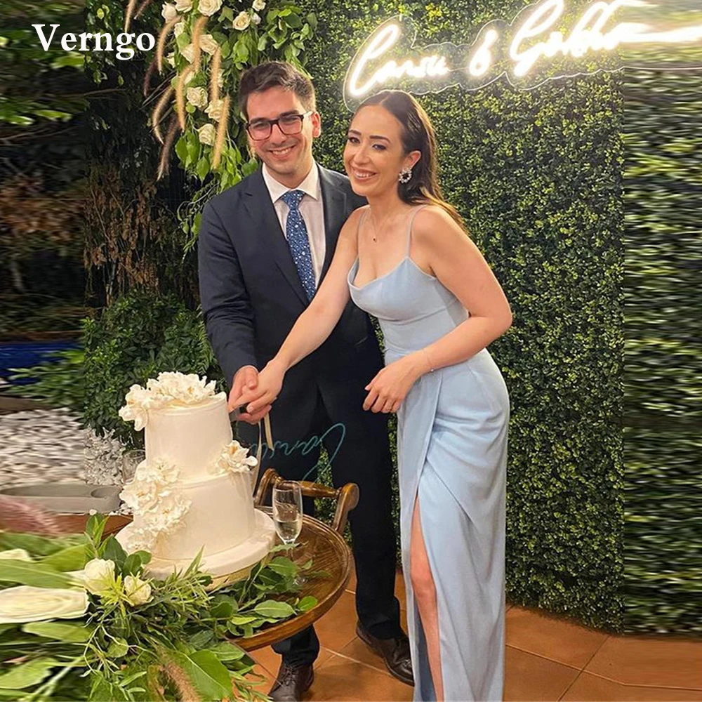 

Verngo Pale Blue Long Evening Dresses Spaghetti Straps Side Slit Simple Prom Party Gowns Formal Occasion Dress Robe de soiree