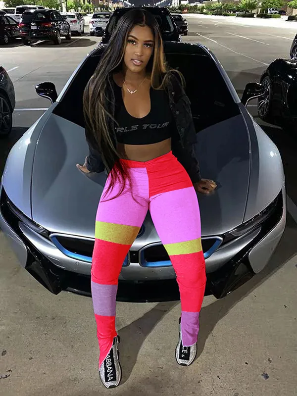 

Patchwork Color Sweatpants Women Summer Casual Long Pants High Waist Bottom Side Split Trousers Bodycon Pencil Joggers Pants