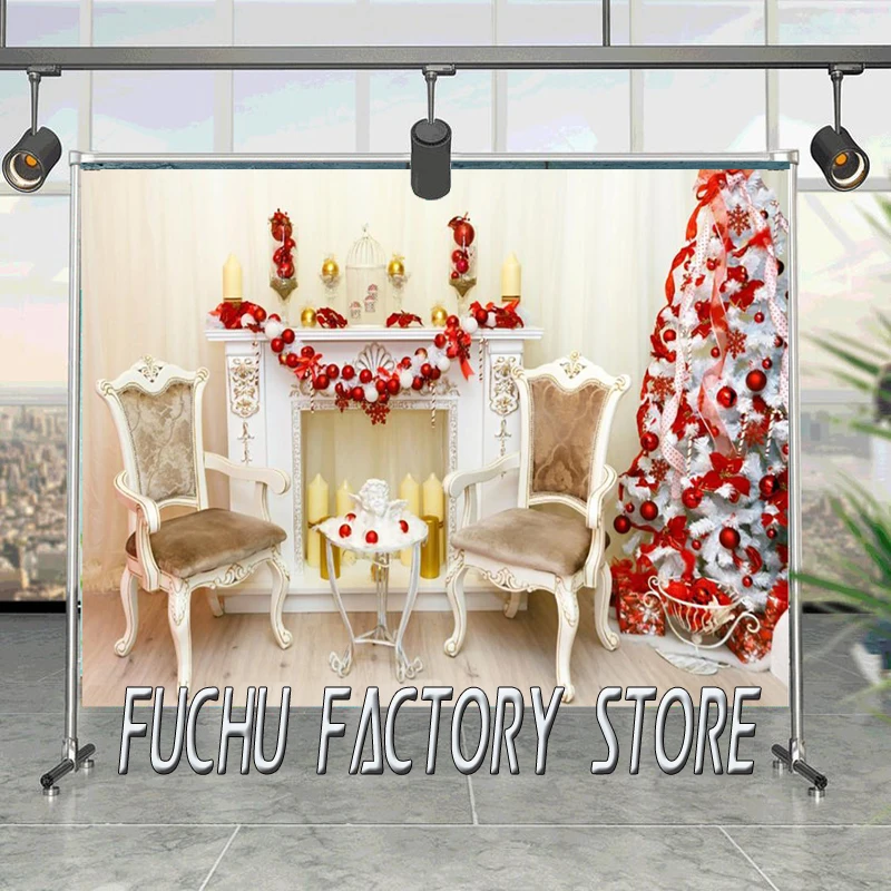 

Photo Background Christmas Tree Fireplace Wreath Candle Old Chairs Wooden Floor Interior Photo Backdrop Photo Studio Props Vinyl
