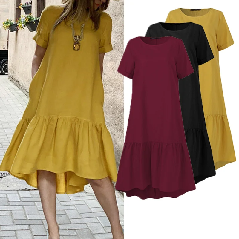 

Women Dress Holiday Summer Short Sleeve Sundress Solid Casual Kaftan Ruffles Loose Vestidos Pockets O-Neck Robe Femme