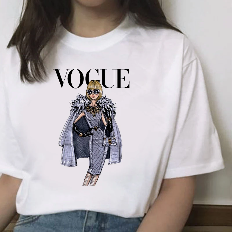 

Summer Fashion T Shirt Women VOGUE Beauty Elegant Posture Harajuku Streetwear Short Sleeve O-Neck Tops Tees Camisetas Mujer