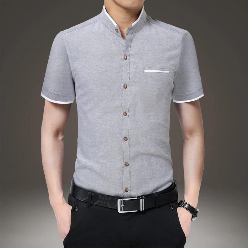 

Loldeal New Summer Men Short Sleeve Shirt Stand Oxford Fashion Causal Dress Business Male Shirts