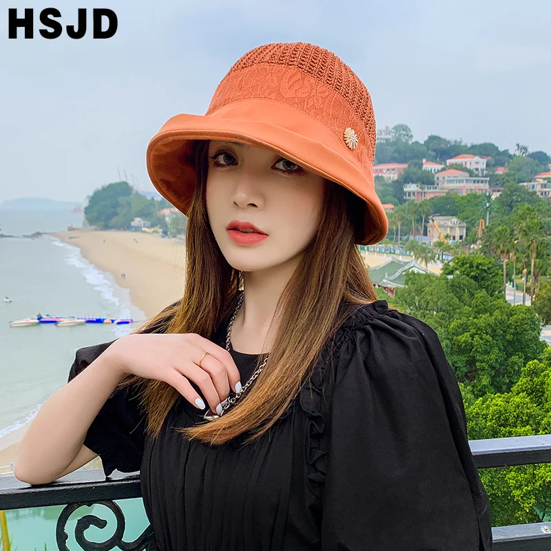 

Elegant Lace Flower Dome Top Bucket Hat Summer Women Hollow Out Sun Hats Wide Brim Foldable Anti-UV Beach Cap Girl Visor Bonnet