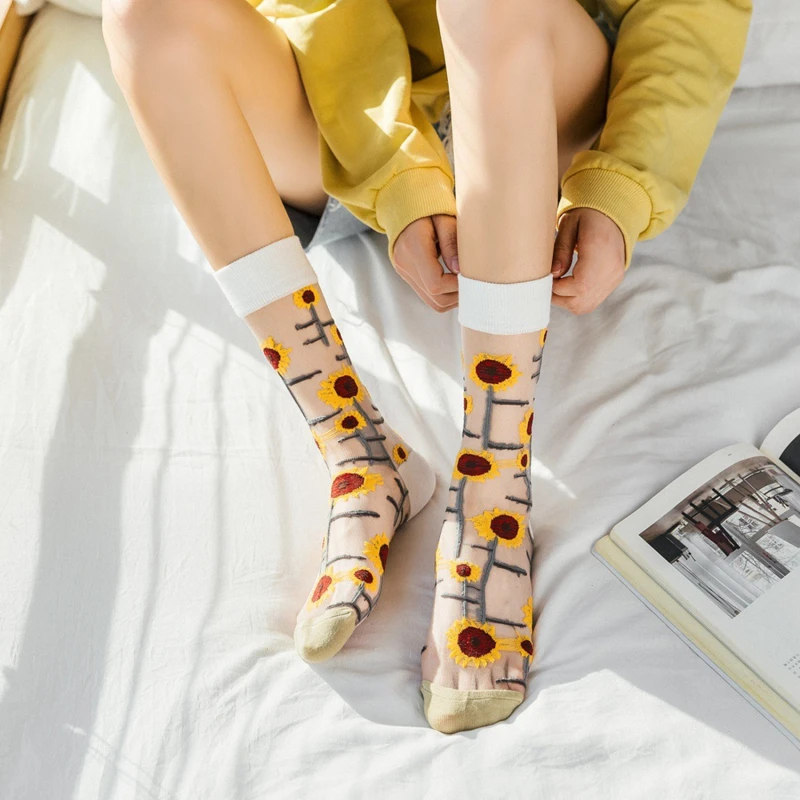 Летние модные тонкие сетчатые шелковые носки до щиколотки с цветами и животными