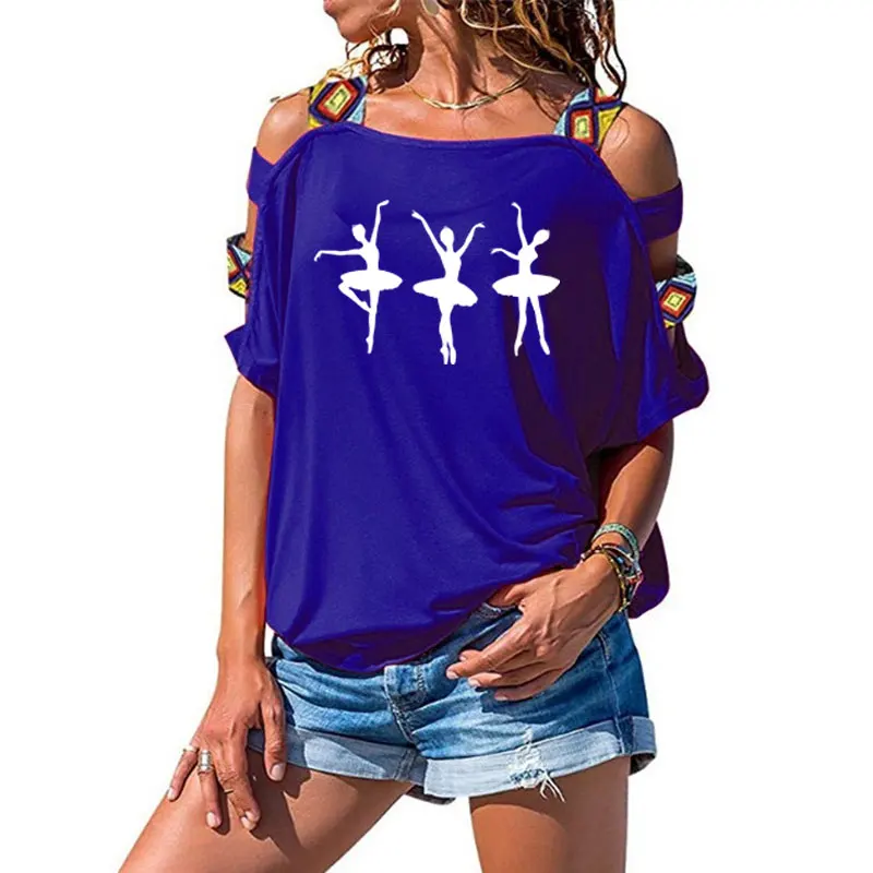 

Ballerina printed tshirt women cotton fashion Women's summer Sexy Hollow Out Shoulder T shirts
