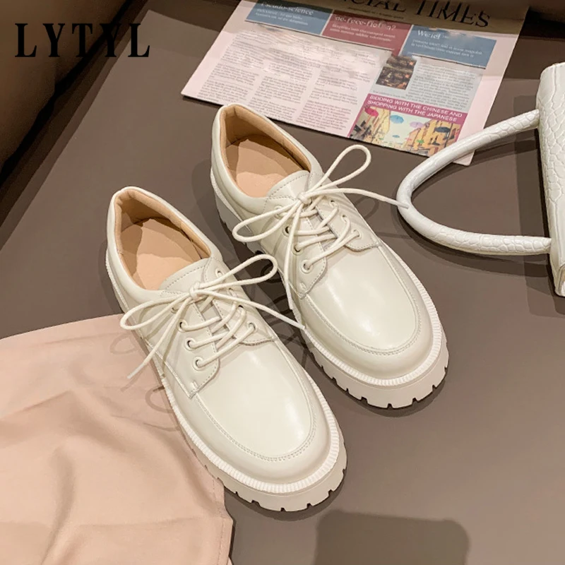 

2021 Fashion Genuine Leather Women Lace Up Flats Platform Loafers Lace Up Spring Autumn Cowhide Female Casual Shoes B20-647