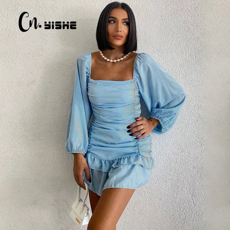 

CNYISHE 2021 Autumn Square Collar Ruffles Dress Women Lantern Sleeve Sexy Elegant Party Ruched Dresses Women Going Out Sundress