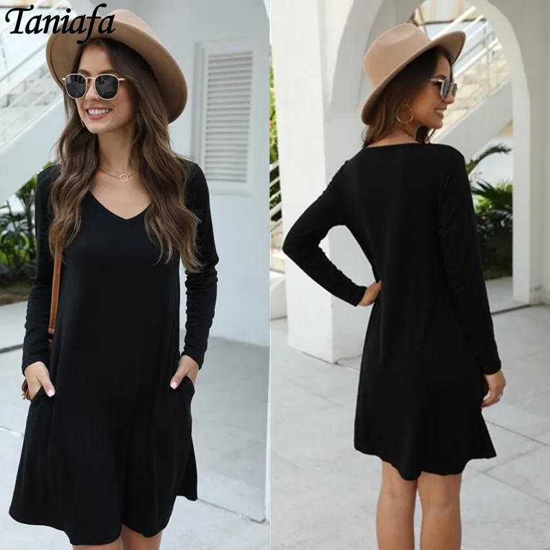 

Autumn and Winter Women Loose Solid Color V-neck Pocket Dress Long Sleeve Casual Midi Skirt