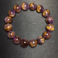13 6mm natural cacoxenite auralite 23 purple rutilated quartz bracelet clear round beads bangle women men aaaaaa