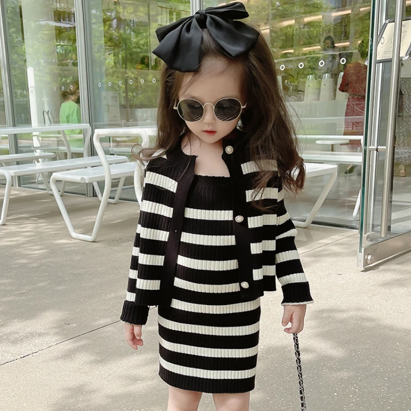 

Girls Clothes Fashion Spring Autumn Girls 2pcs Clothes Set Girl Knitwear Outwear Coat+Tank-Dress Kids Children Striped Suit