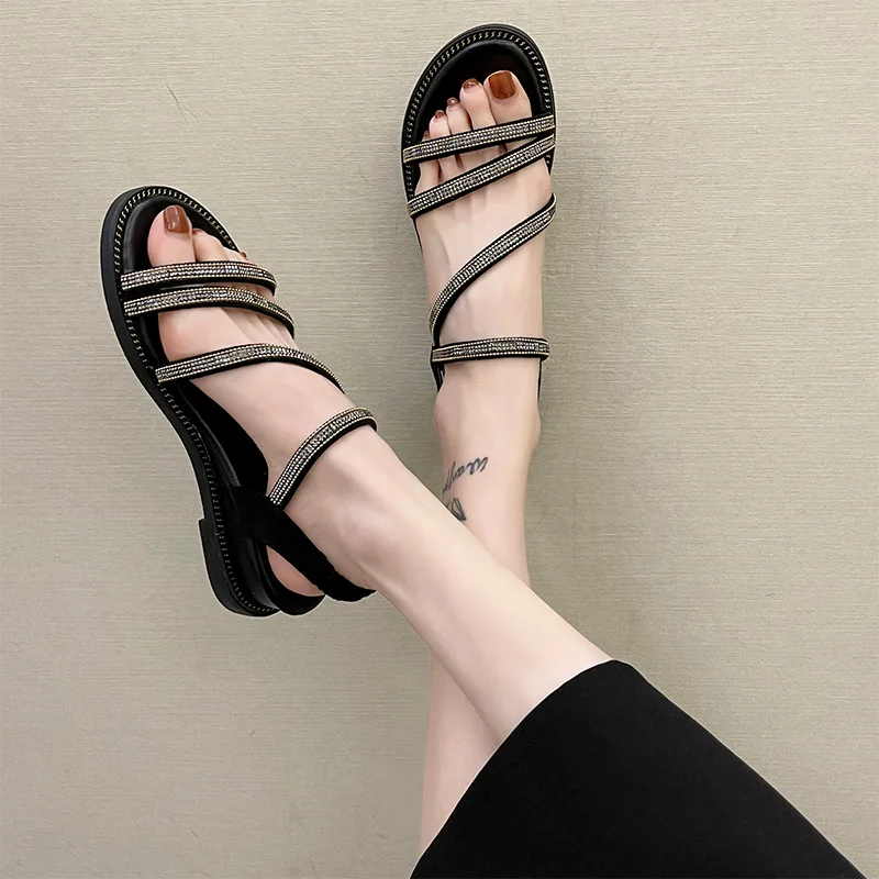 

Female Sandal Low-Heeled Shoes With Strap 2021 Summer Open Toe Girls Low-heeled Flat New Clear Peep Rhinestone Gladiator Comfort