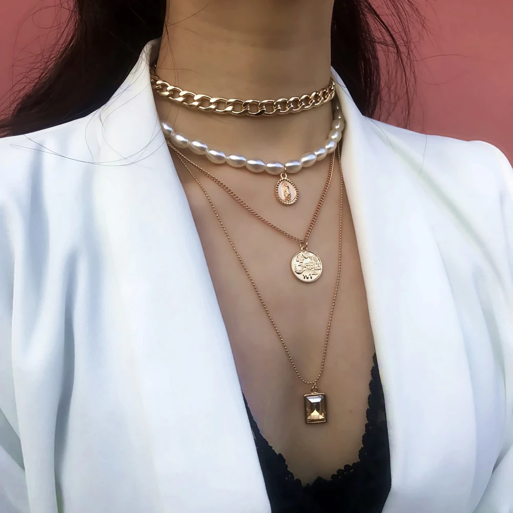 Модный Панк Золотой цветной многослойный цепочки жемчужные ожерелья геометрические хрустальные подвески ожерелья для женщин Bijoux